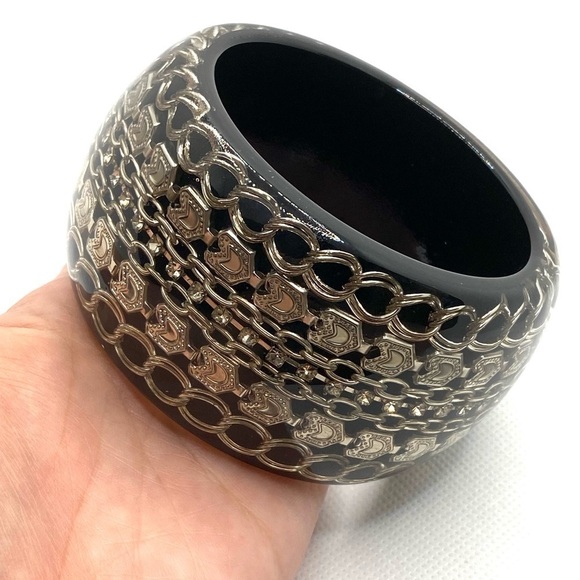 Bracelet Artisan Wooden Resin Heavy Chunky Statement Bangle 8” - Picture 7 of 10